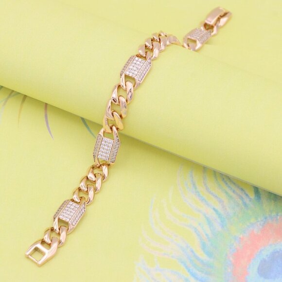 "Bold Rose Gold Curb Chain Bracelet with Sparkling Accent Panels, XPBL0941 - Picture 4 of 13